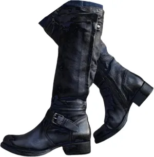 Knee High Boots Women Wide Calf Flat Heel Buckle Riding Boots Side Zipper Mid Calf Fashion Motorcycle Biker Boots