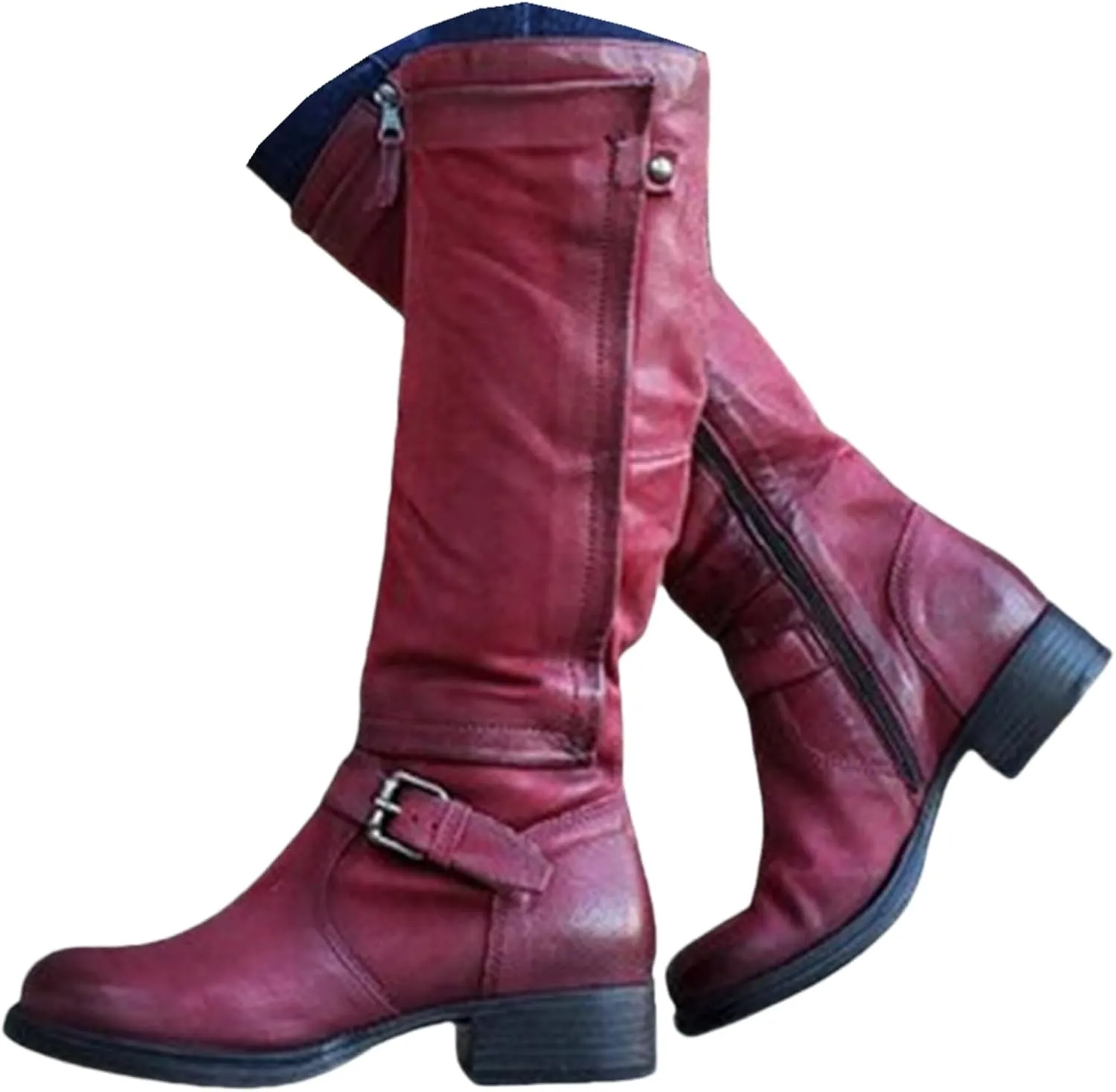 Knee High Boots Women Wide Calf Flat Heel Buckle Riding Boots Side Zipper Mid Calf Fashion Motorcycle Biker Boots