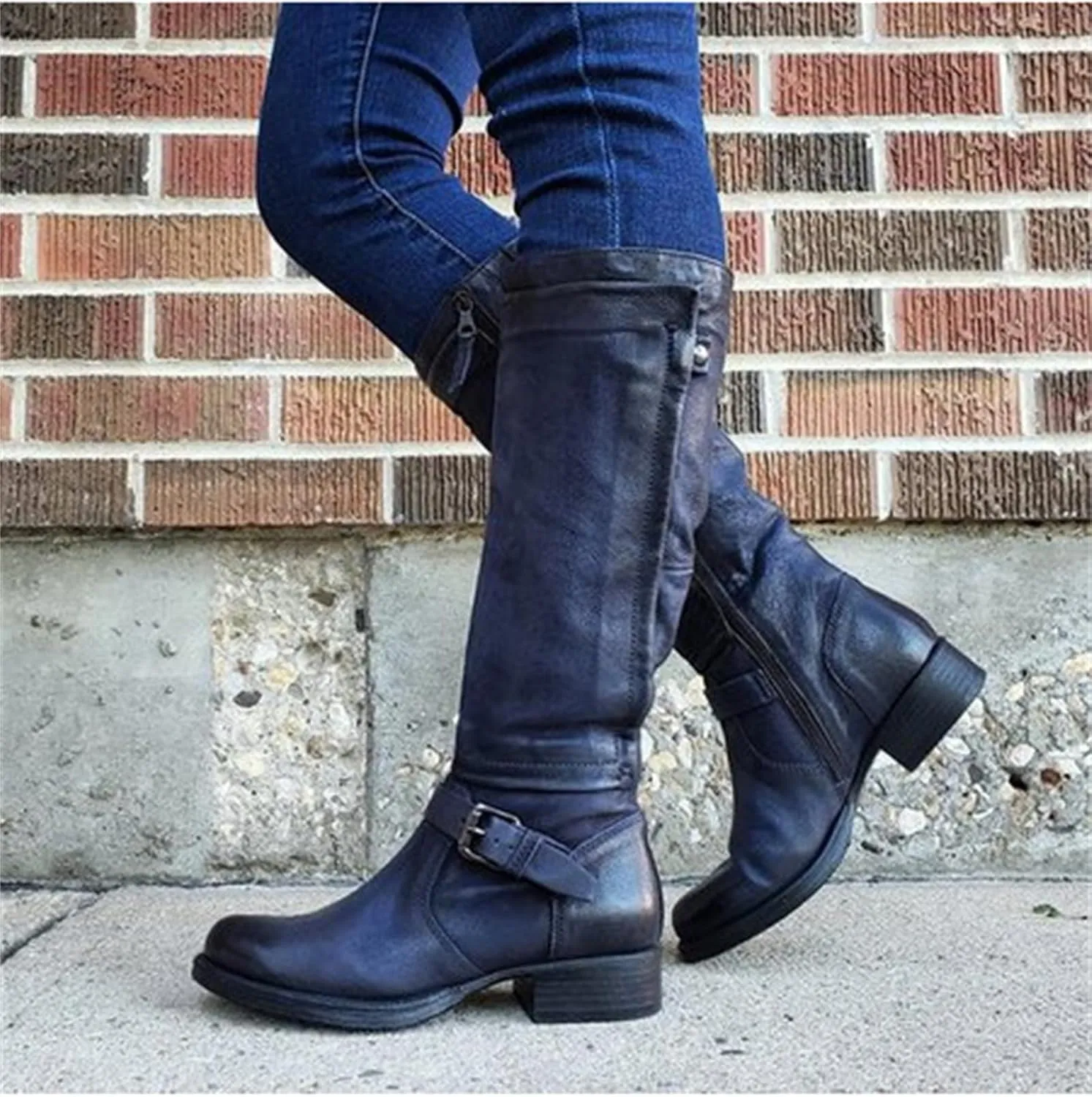 Knee High Boots Women Wide Calf Flat Heel Buckle Riding Boots Side Zipper Mid Calf Fashion Motorcycle Biker Boots