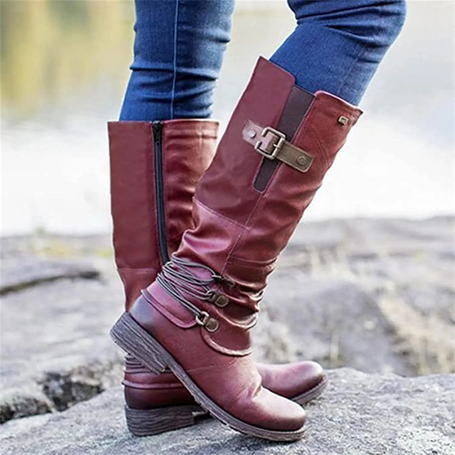 Knee High Boots Women Wide Calf Flat Heel Square Toe Motorcycle Boots Fashion Buckles Biker Riding Mid Calf Boots