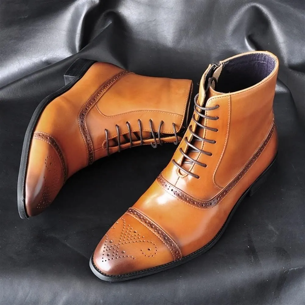 Lace Up Round Toe Boots for Men Oxford Carved Brogue Cap Toe PU Anti-Slip Waterproof Formal Dress Work
