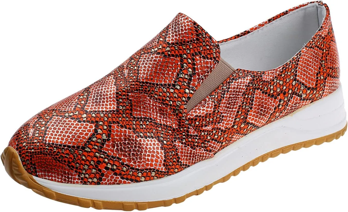 Ladies Fashion Print Leather Comfortable Thick Soled Casual Sports Shoes Flat Tennis Shoes (Brown, 8.5)