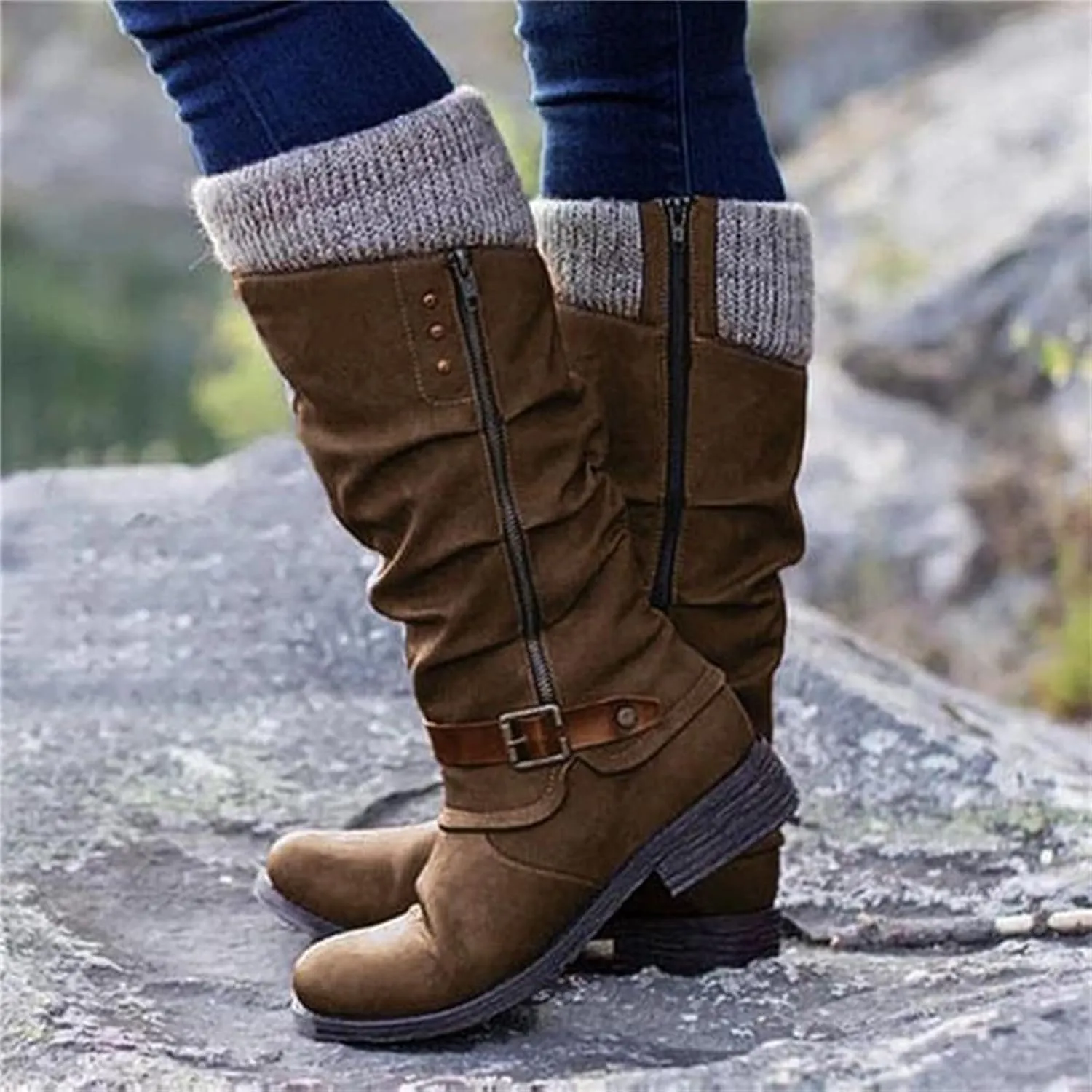 Ladmiple Ankle Boots Women Comfort Mid Calf Low Heel Round-Toe Side Zip Combat Boots Motorcycle Riding Military Biker Dress Booties