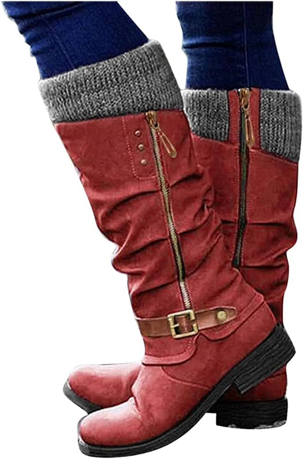 Ladmiple Boots For Women 2024 Low Heel Mid Calf Round-Toe Side Zip Punk Combat Boots Motorcycle Riding Biker Ankle Booties