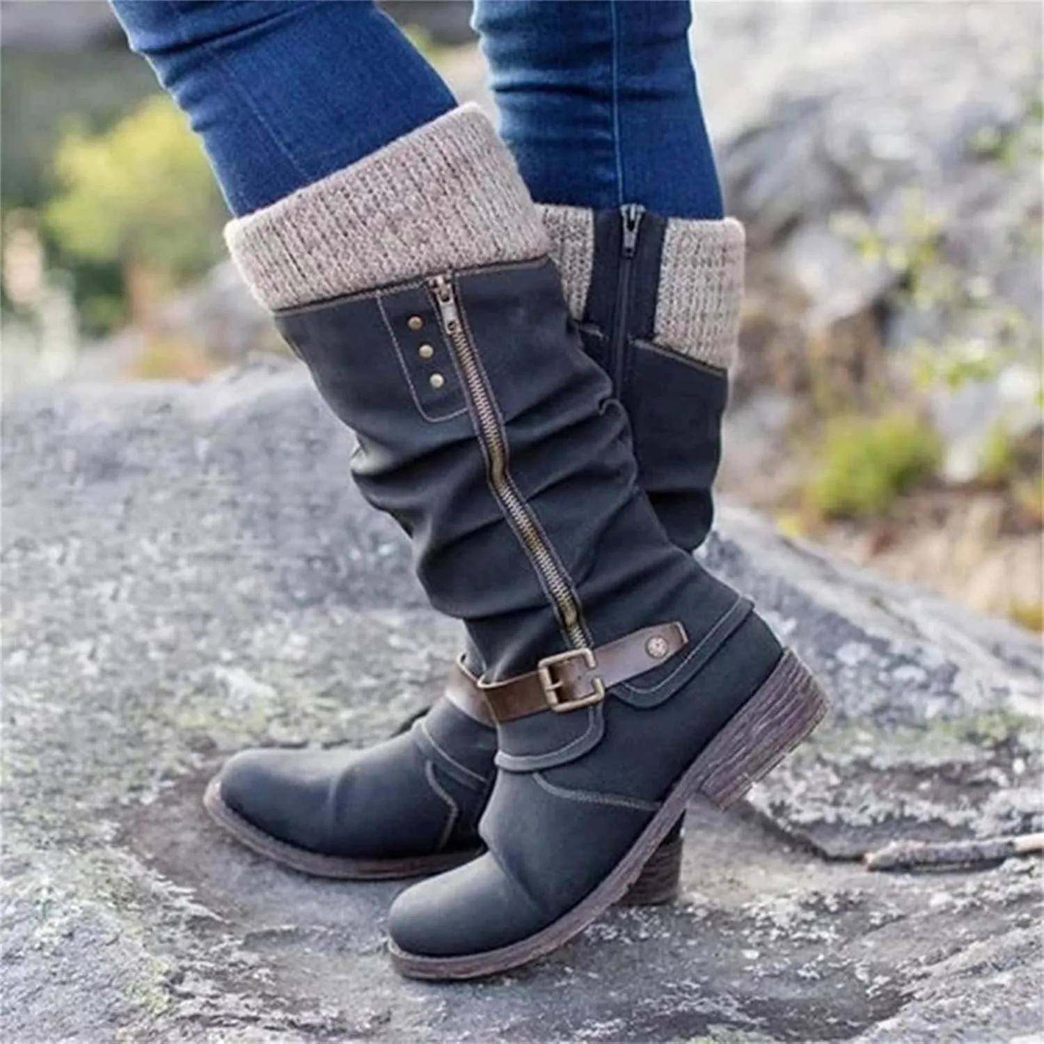 Ladmiple Boots For Women 2024 Low Heel Mid Calf Round-Toe Side Zip Punk Combat Boots Motorcycle Riding Biker Ankle Booties