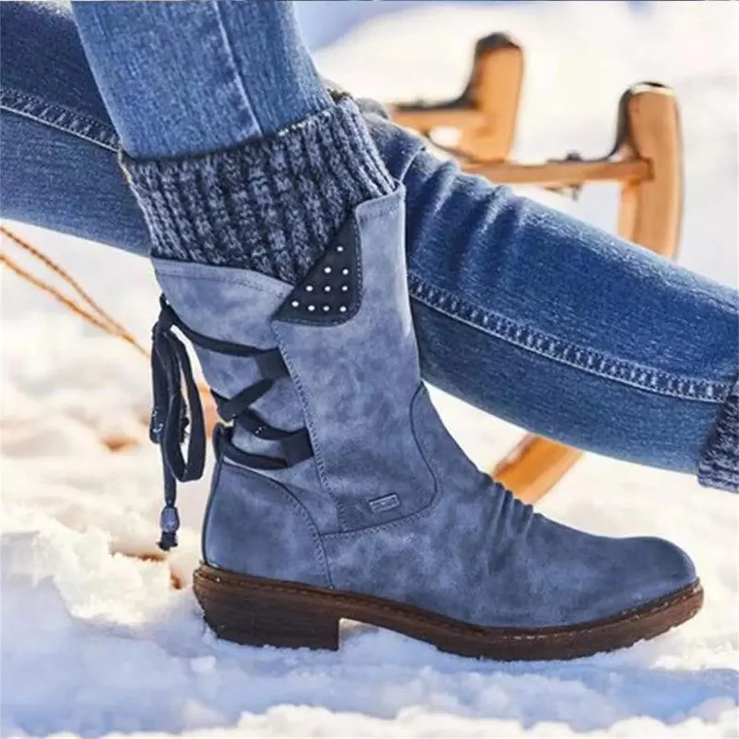 Ladmiple Boots For Women Ankle Booties Low Heel Mid Calf Combat Riding Fashion Winter Motorcycle Military Biker Boots