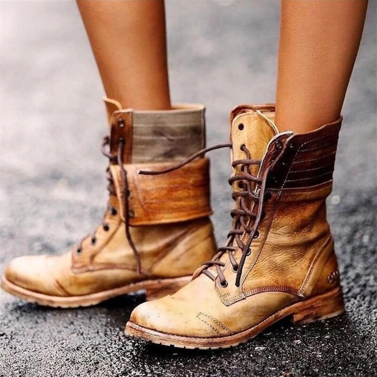 Ladmiple Boots For Women Ankle Booties Western Winter Mid Calf Military Combat Boots Low Heel Motorcycle Riding Biker Boots