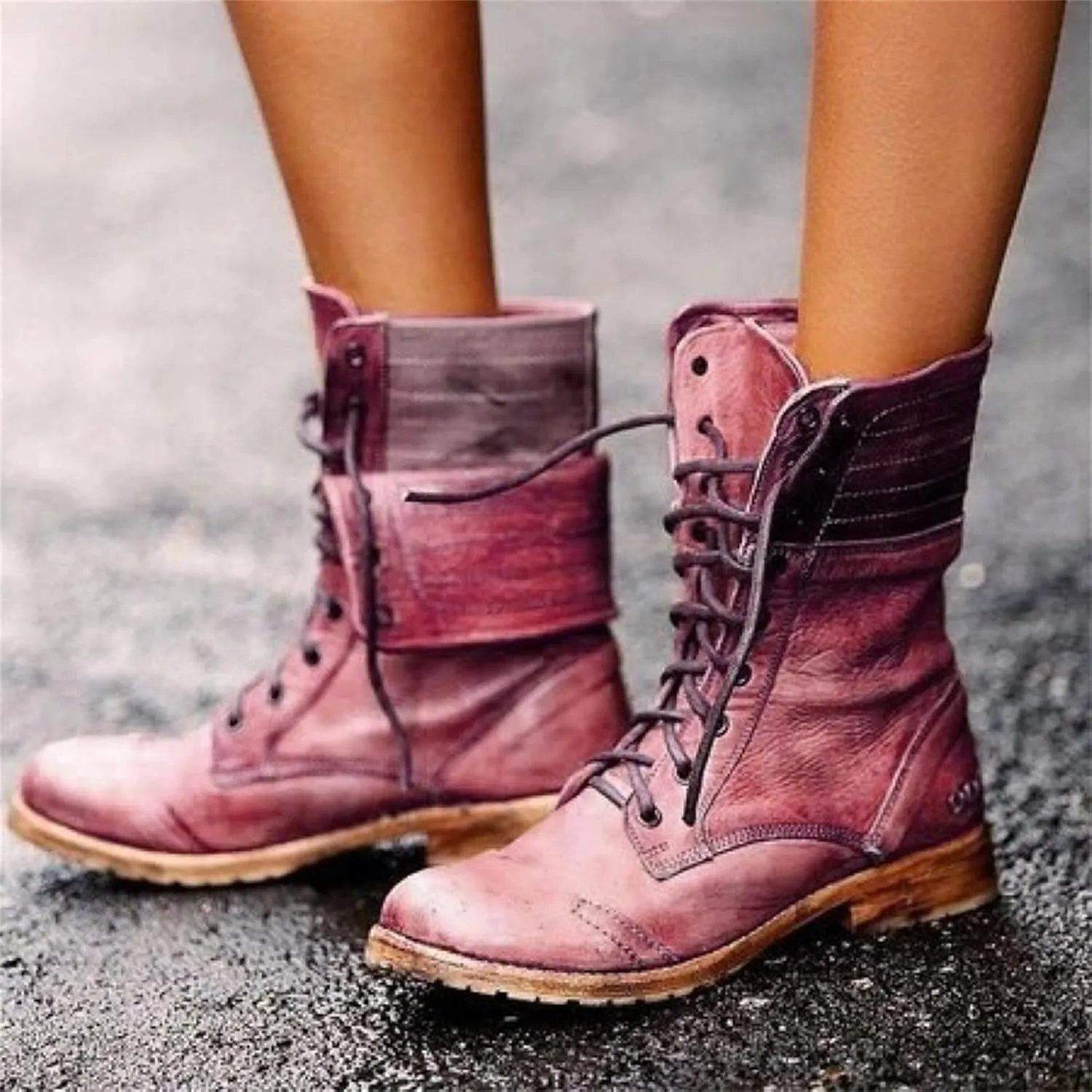 Ladmiple Boots For Women Ankle Booties Western Winter Mid Calf Military Combat Boots Low Heel Motorcycle Riding Biker Boots