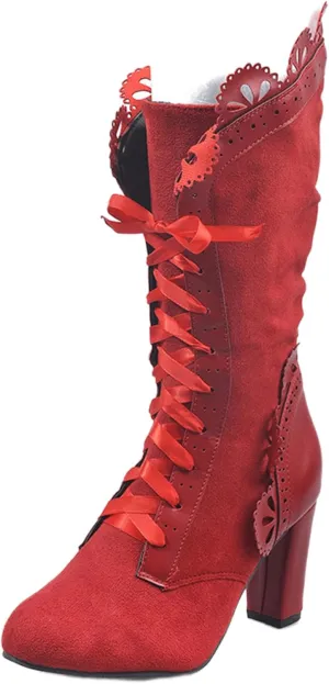 Ladmiple Boots For Women Fashion Dressy Cowboy Boots Wide Calf Knee High Mid Heel Lace Up Retro Fashion Tall Western Boots