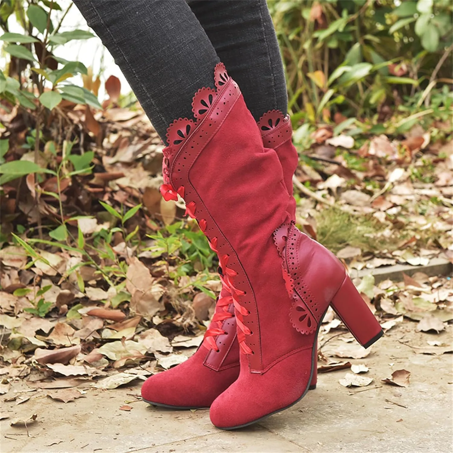 Ladmiple Boots For Women Fashion Dressy Cowboy Boots Wide Calf Knee High Mid Heel Lace Up Retro Fashion Tall Western Boots