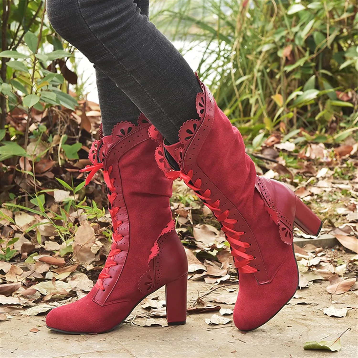 Ladmiple Boots For Women Fashion Dressy Cowboy Boots Wide Calf Knee High Mid Heel Lace Up Retro Fashion Tall Western Boots