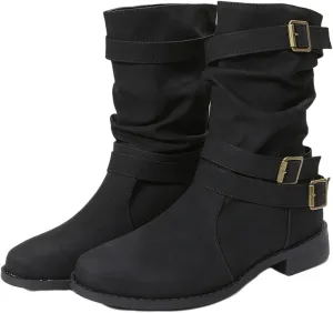 Ladmiple Boots For Women Low Heel Mid Calf Combat Boots Side Zipper Motorcycle Riding Military Biker Winter Ankle Booties