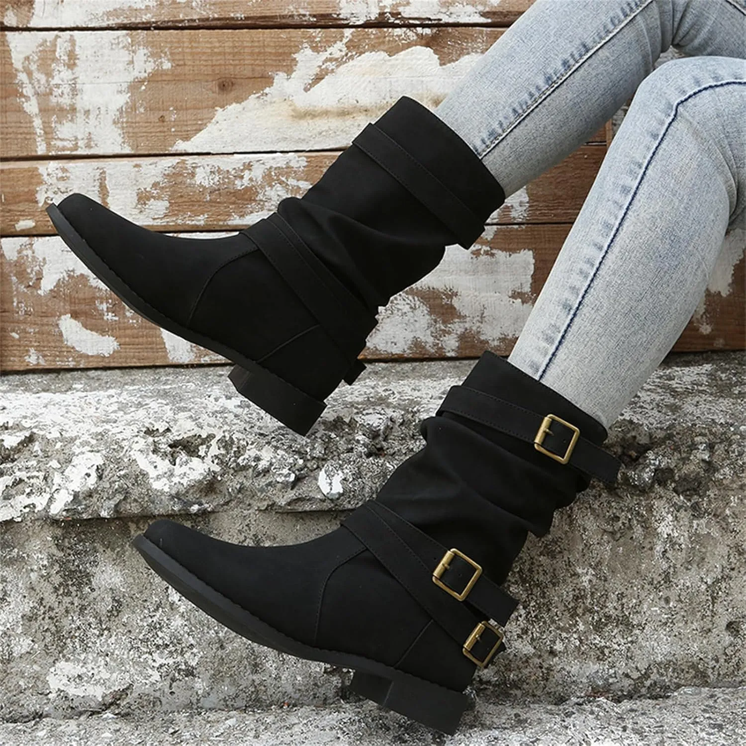 Ladmiple Boots For Women Low Heel Mid Calf Combat Boots Side Zipper Motorcycle Riding Military Biker Winter Ankle Booties