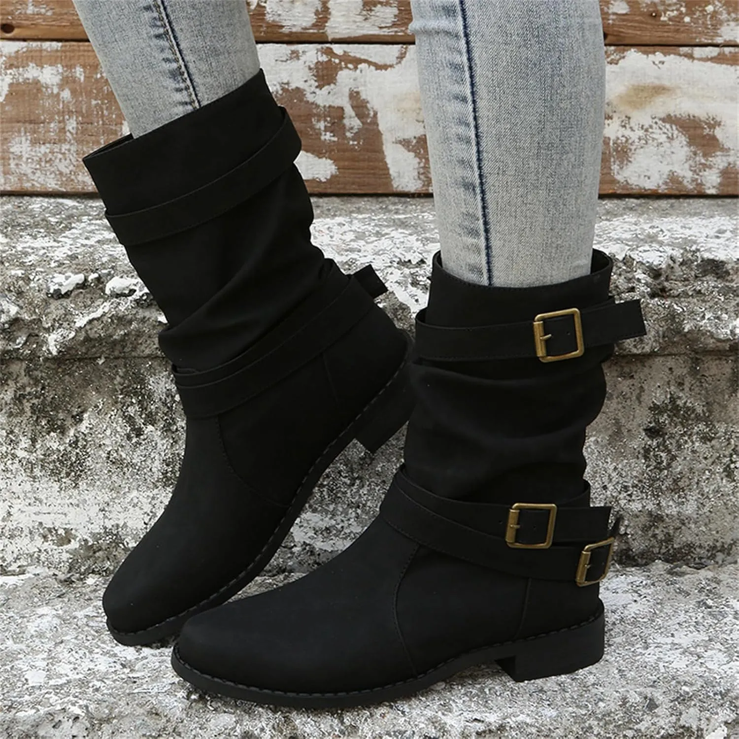 Ladmiple Boots For Women Low Heel Mid Calf Combat Boots Side Zipper Motorcycle Riding Military Biker Winter Ankle Booties