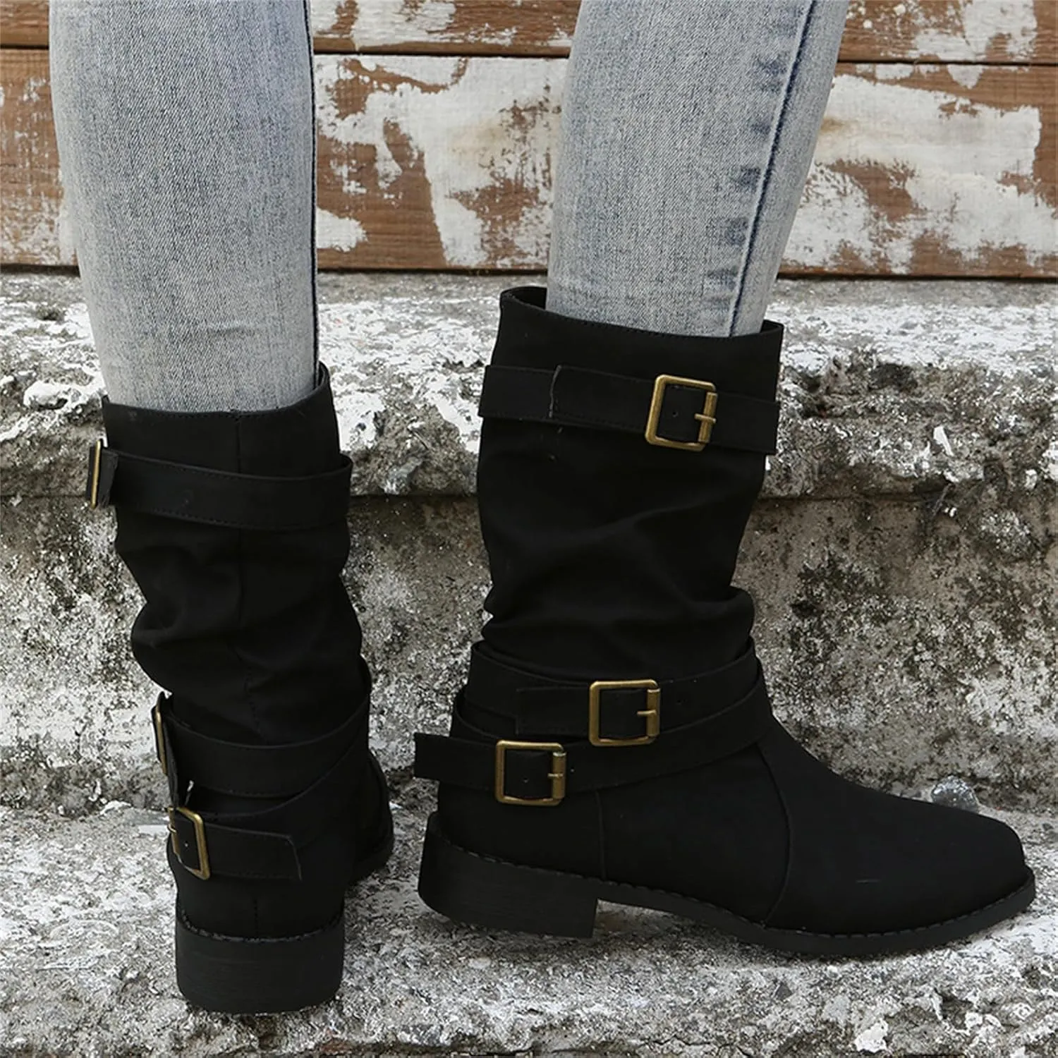 Ladmiple Boots For Women Low Heel Mid Calf Combat Boots Side Zipper Motorcycle Riding Military Biker Winter Ankle Booties