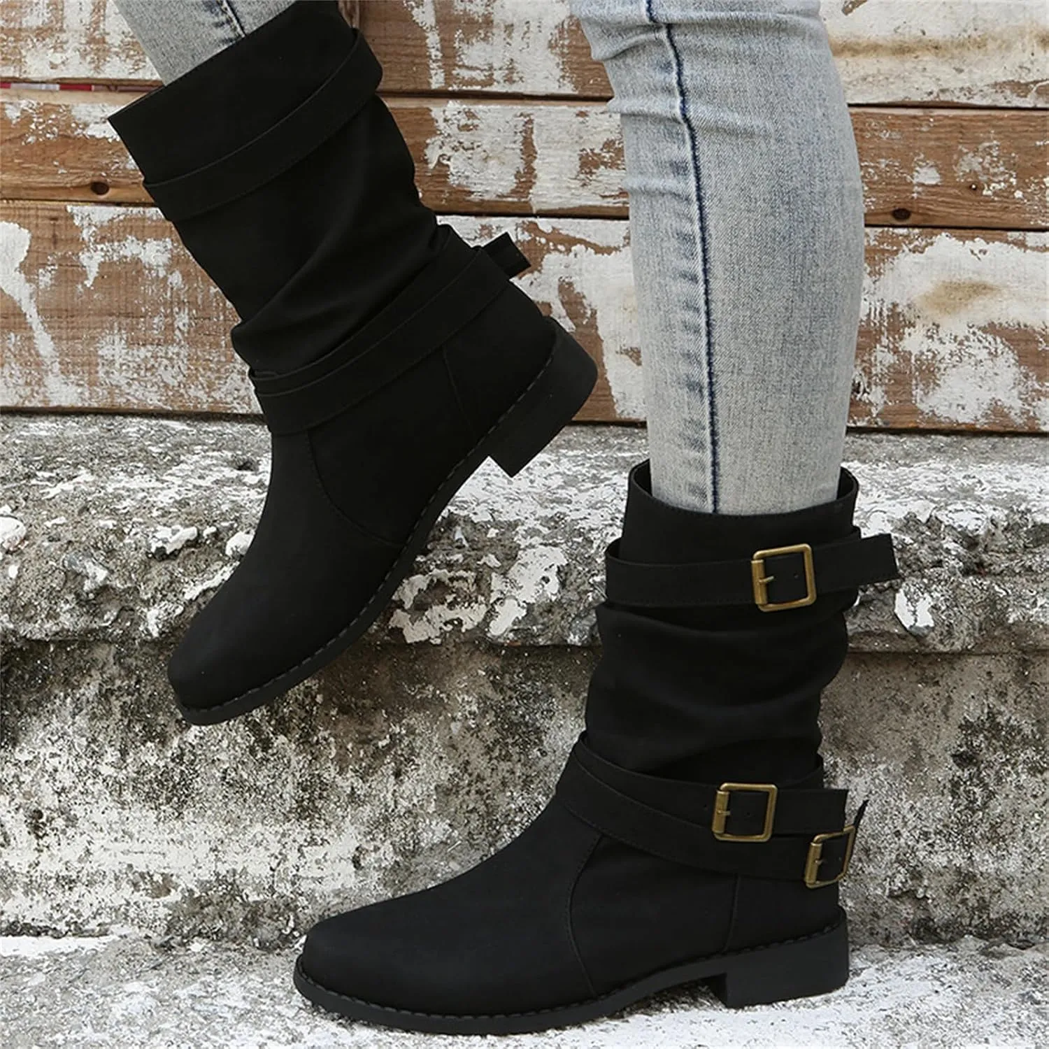 Ladmiple Boots For Women Low Heel Mid Calf Combat Boots Side Zipper Motorcycle Riding Military Biker Winter Ankle Booties