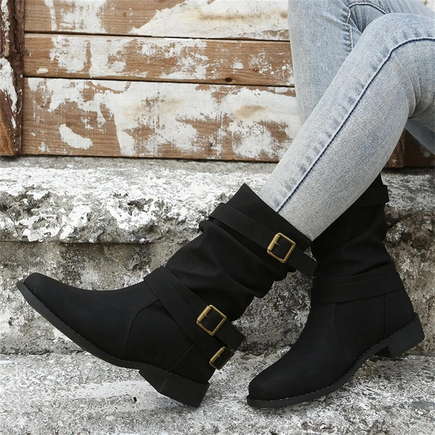 Ladmiple Boots For Women Low Heel Mid Calf Combat Boots Side Zipper Motorcycle Riding Military Biker Winter Ankle Booties