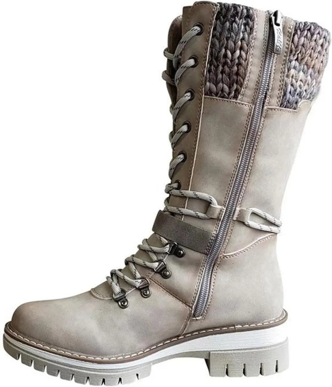 Ladmiple Combat Boots Womens Mid Calf Military Winter Boot Side Zipper Low Heel Motorcycle Riding Biker Western Ankle Booties