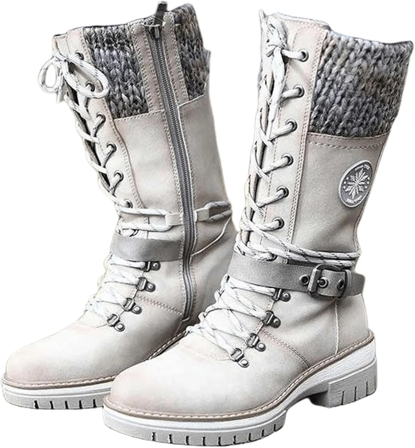 Ladmiple Combat Boots Womens Mid Calf Military Winter Boot Side Zipper Low Heel Motorcycle Riding Biker Western Ankle Booties