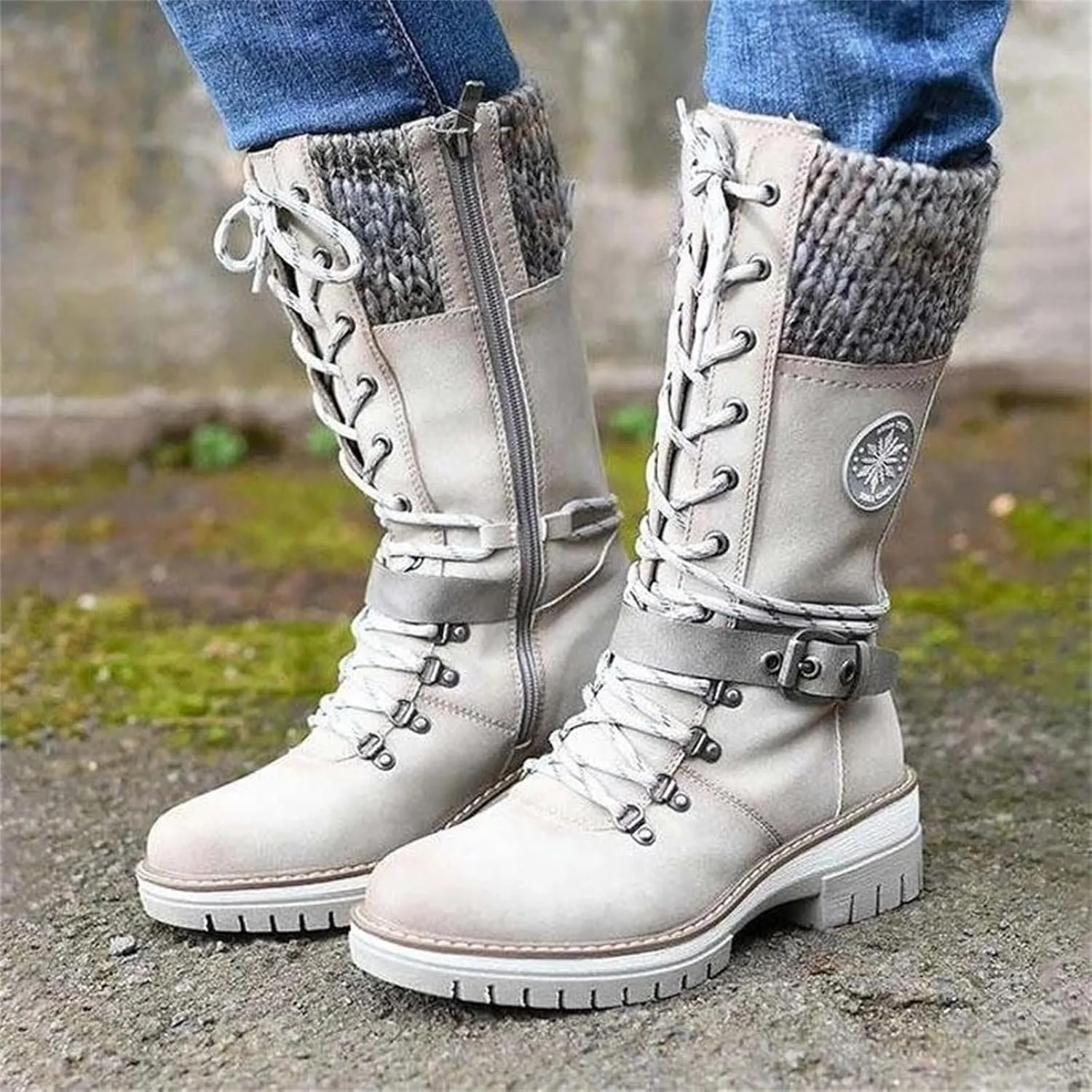 Ladmiple Combat Boots Womens Mid Calf Military Winter Boot Side Zipper Low Heel Motorcycle Riding Biker Western Ankle Booties