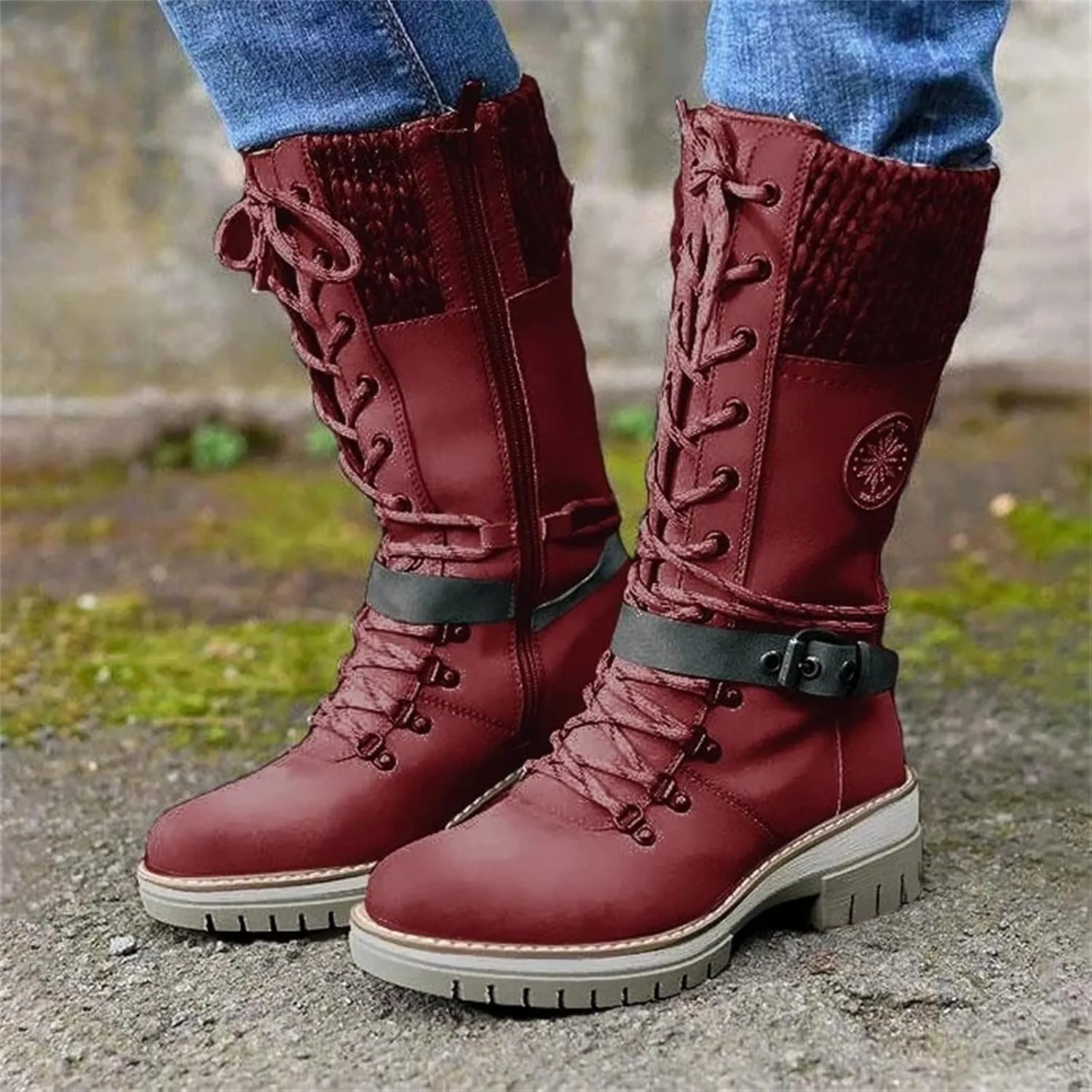 Ladmiple Combat Boots Womens Mid Calf Military Winter Boot Side Zipper Low Heel Motorcycle Riding Biker Western Ankle Booties