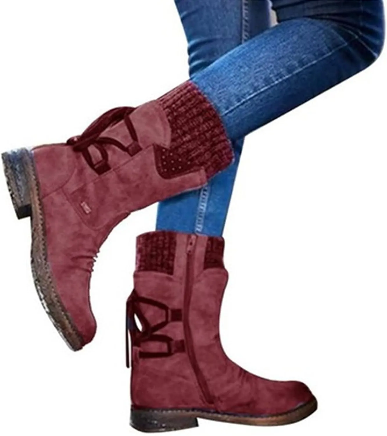 Ladmiple Cowgirl Boots Wide Calf Wide Foot Western Cowboy Boots Knee High Stitching Almond Chunky Heel Fashion Boot Pull-On