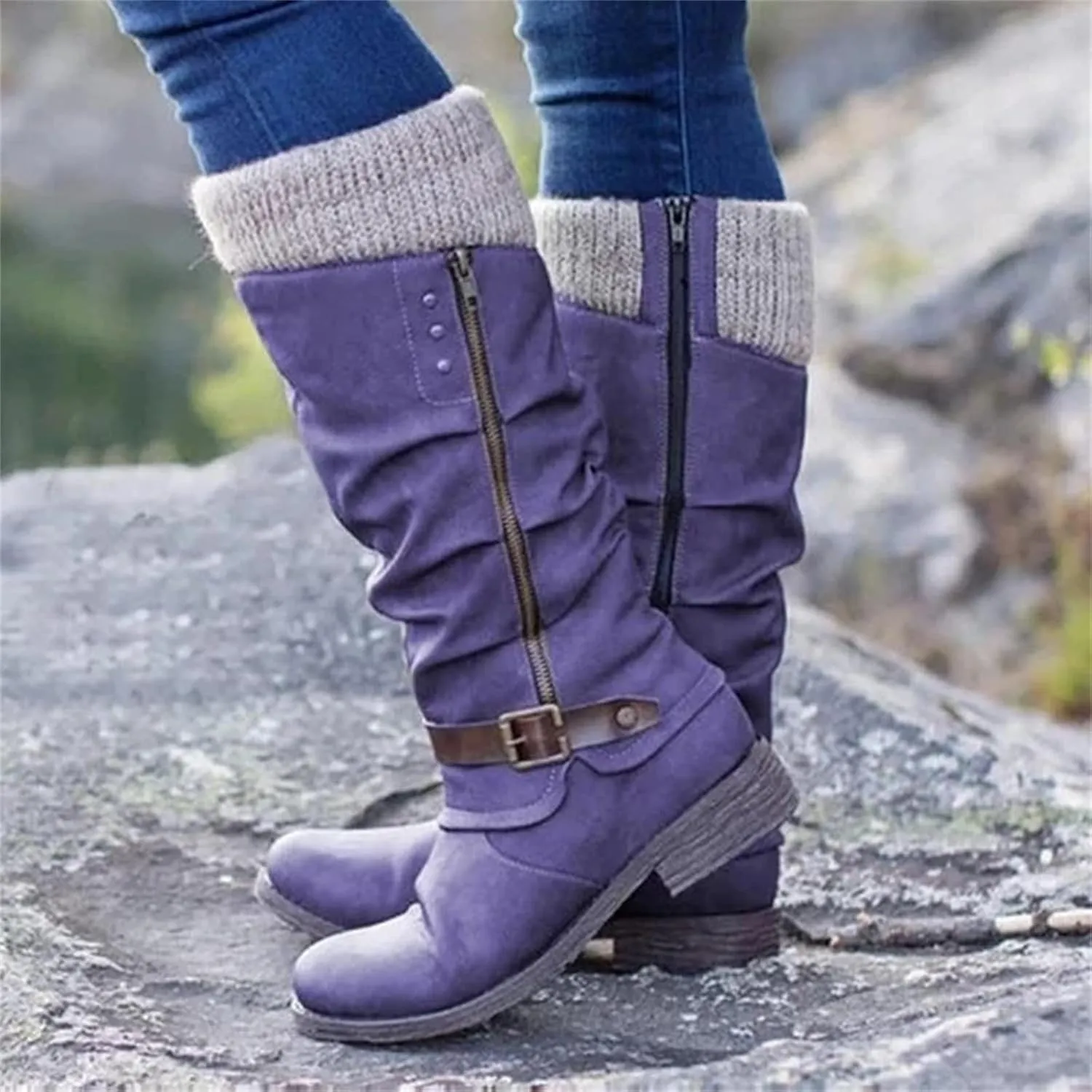 Ladmiple Cowgirl Boots Wide Calf Wide Foot Western Cowboy Boots Knee High Stitching Almond Chunky Heel Fashion Boot Pull-On