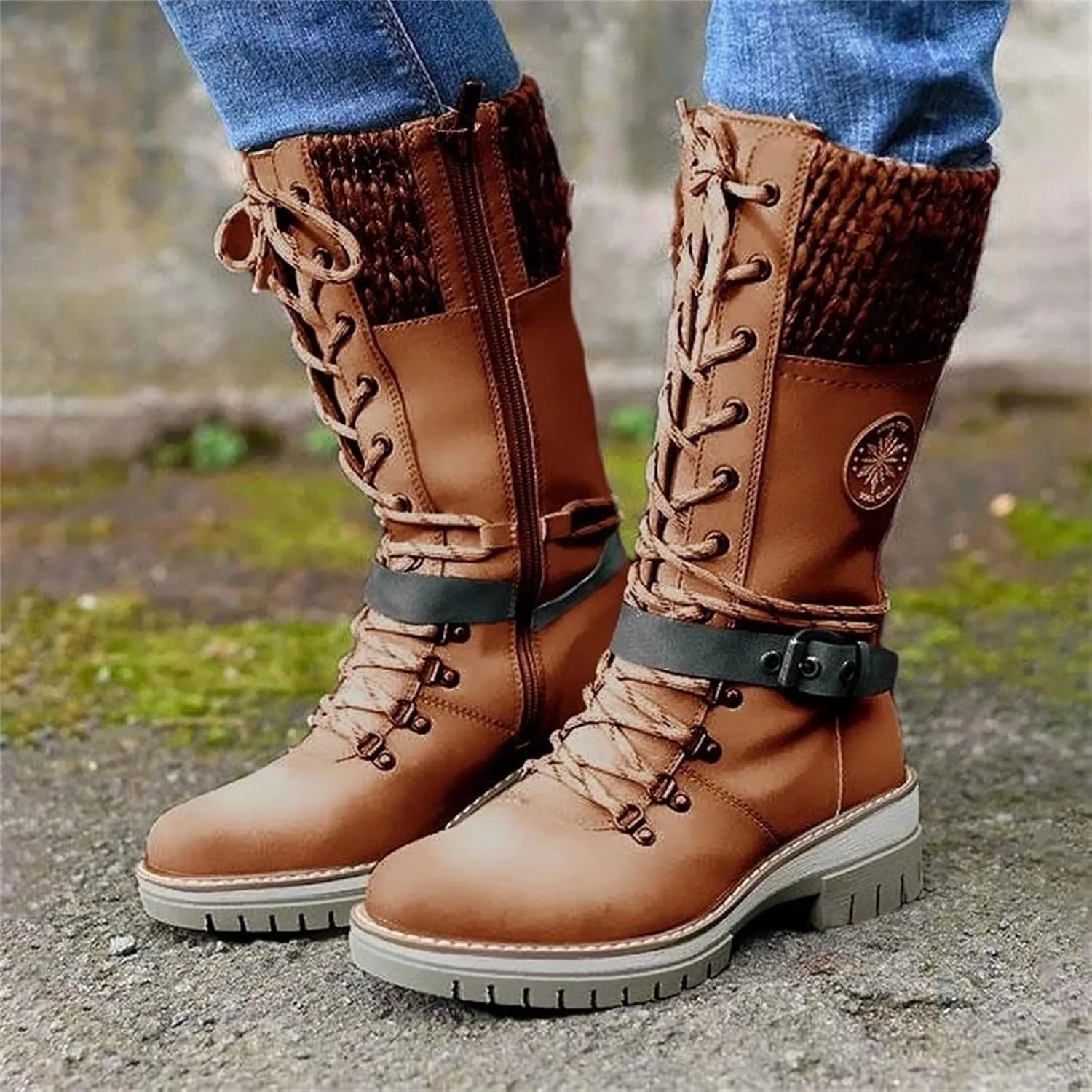Ladmiple Fall Boots For Women 2024 Wide Calf Mid Calf Ankle Booties Side Zipper Low Heel Motorcycle Combat Riding Biker Boots