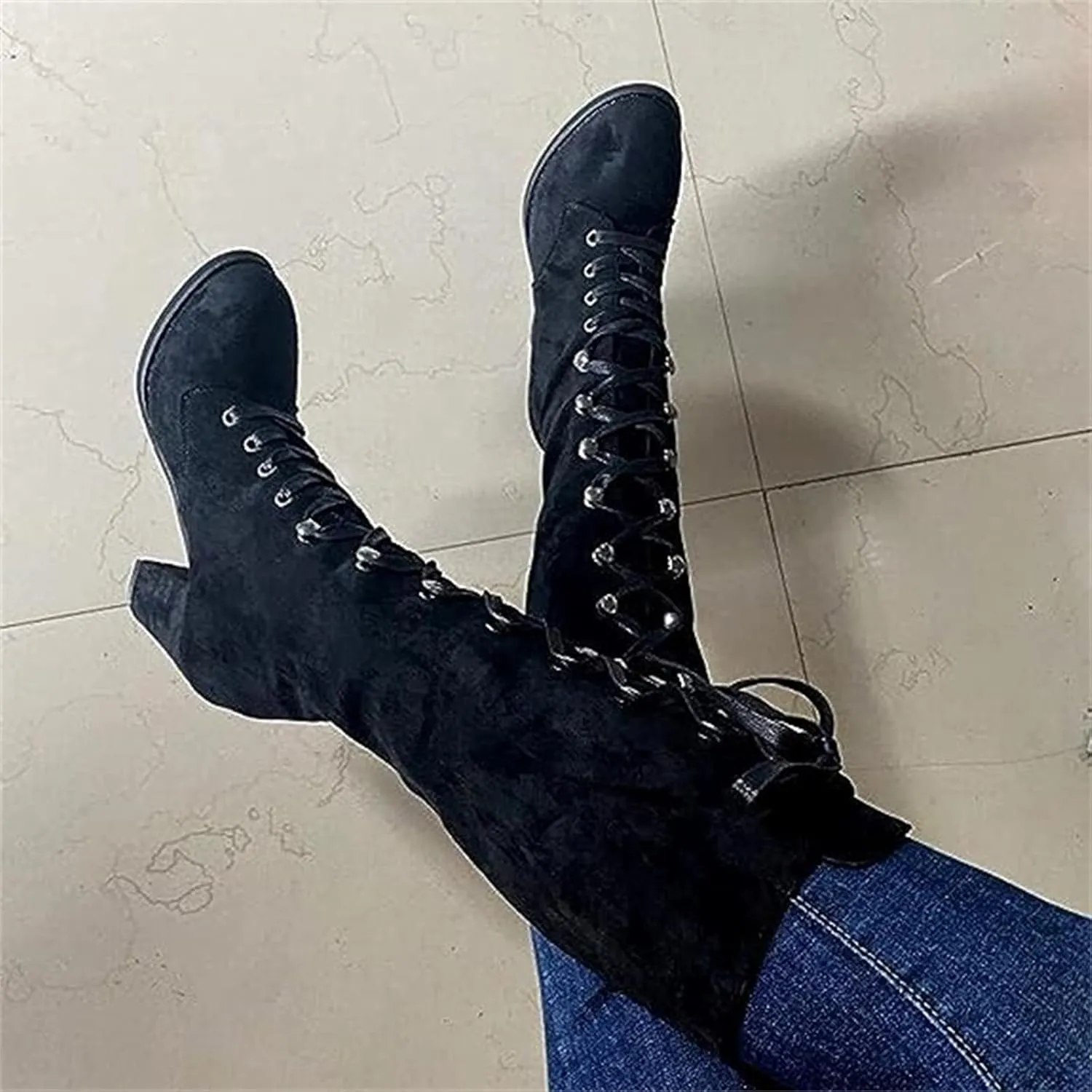 Ladmiple Fall Boots Women Knee High Wide Calf Victorian Boots Round Toe Chunky Heel Lace Up Vintage Knight Western Boots