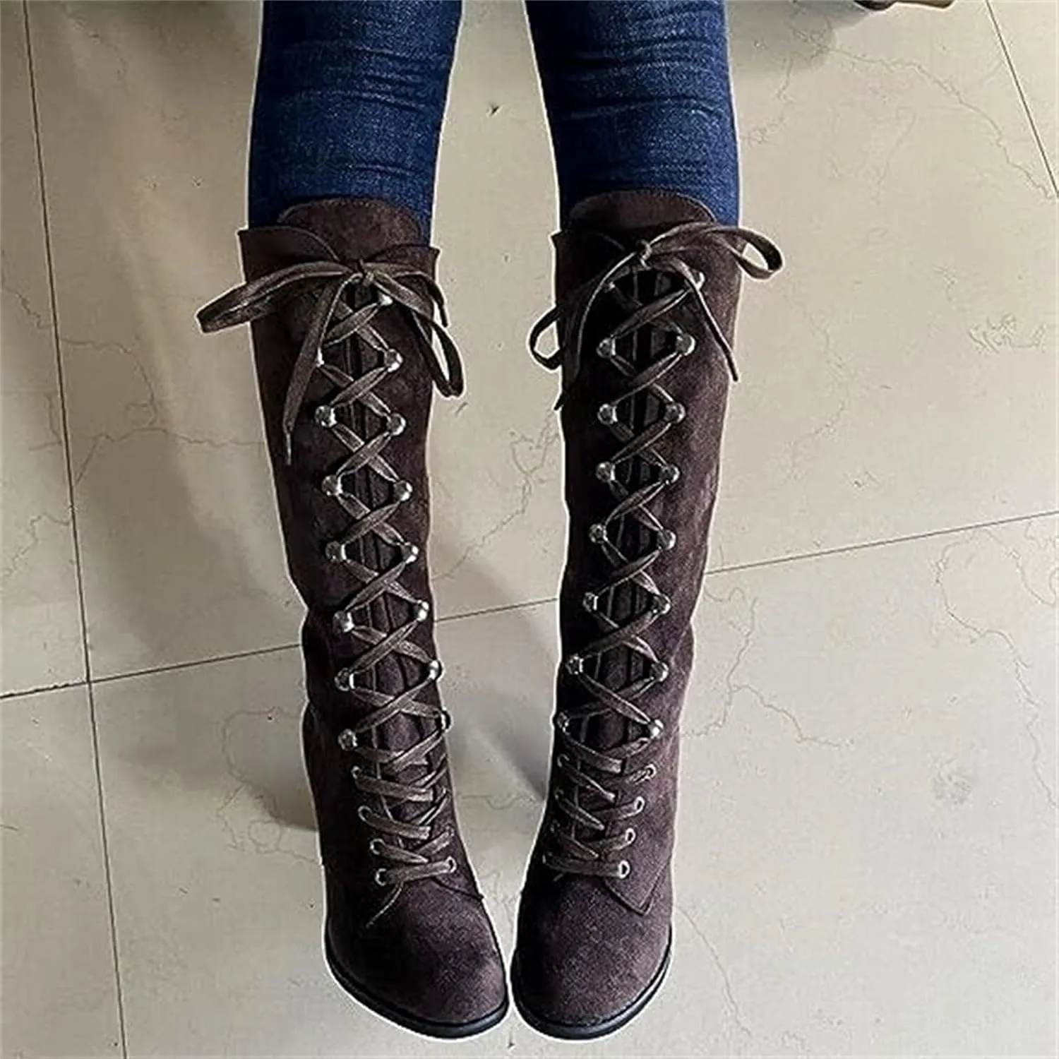 Ladmiple Fall Boots Women Knee High Wide Calf Victorian Boots Round Toe Chunky Heel Lace Up Vintage Knight Western Boots