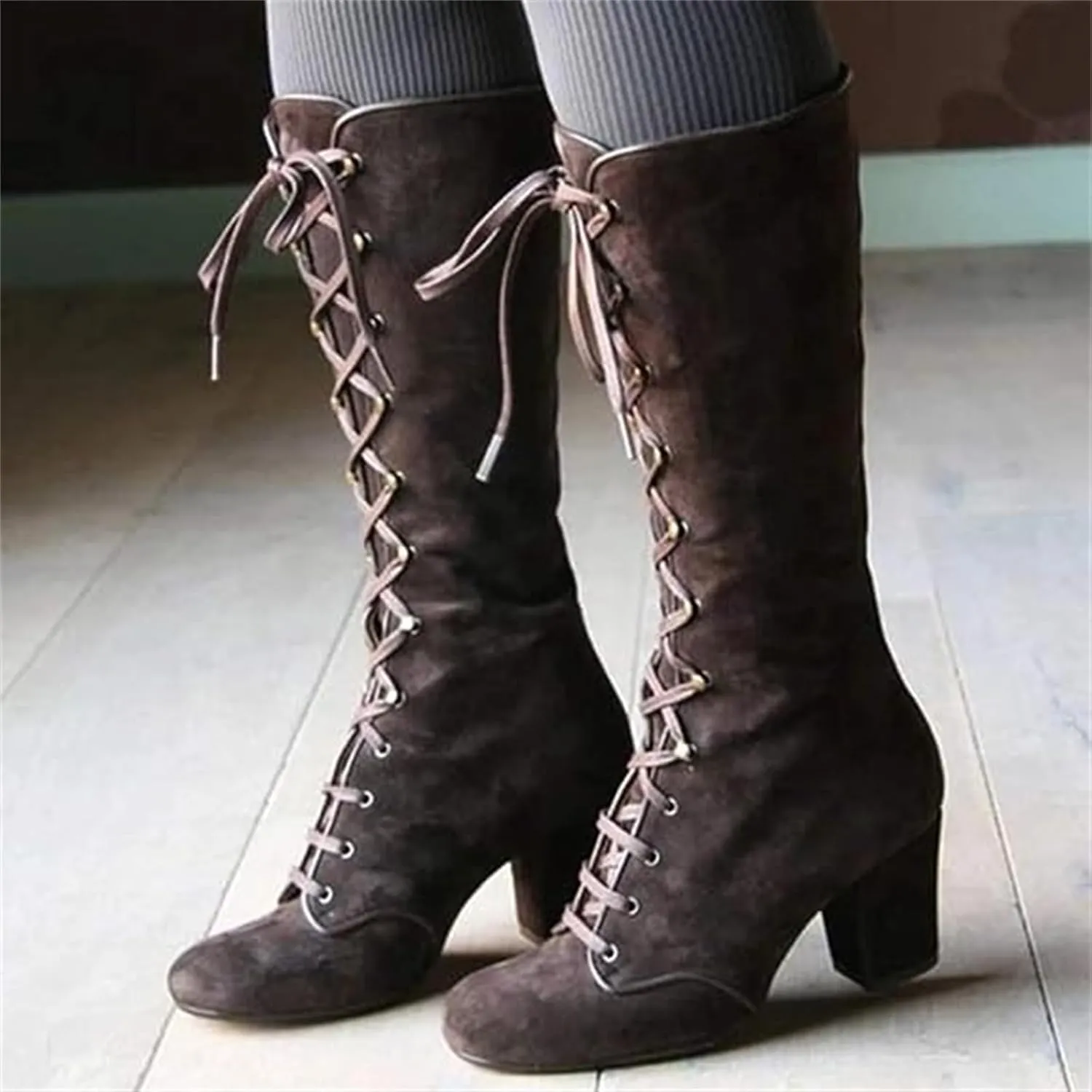 Ladmiple Fall Boots Women Knee High Wide Calf Victorian Boots Round Toe Chunky Heel Lace Up Vintage Knight Western Boots