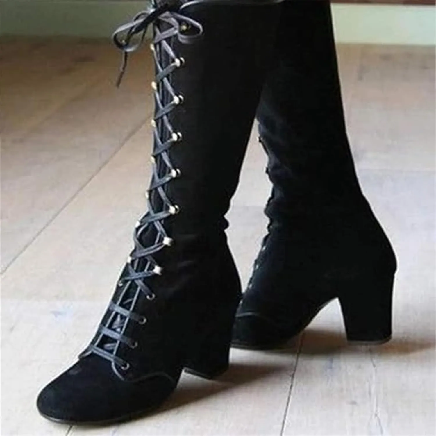 Ladmiple Fall Boots Women Knee High Wide Calf Victorian Boots Round Toe Chunky Heel Lace Up Vintage Knight Western Boots