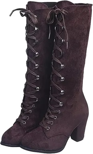 Ladmiple Fall Boots Women Knee High Wide Calf Victorian Boots Round Toe Chunky Heel Lace Up Vintage Knight Western Boots