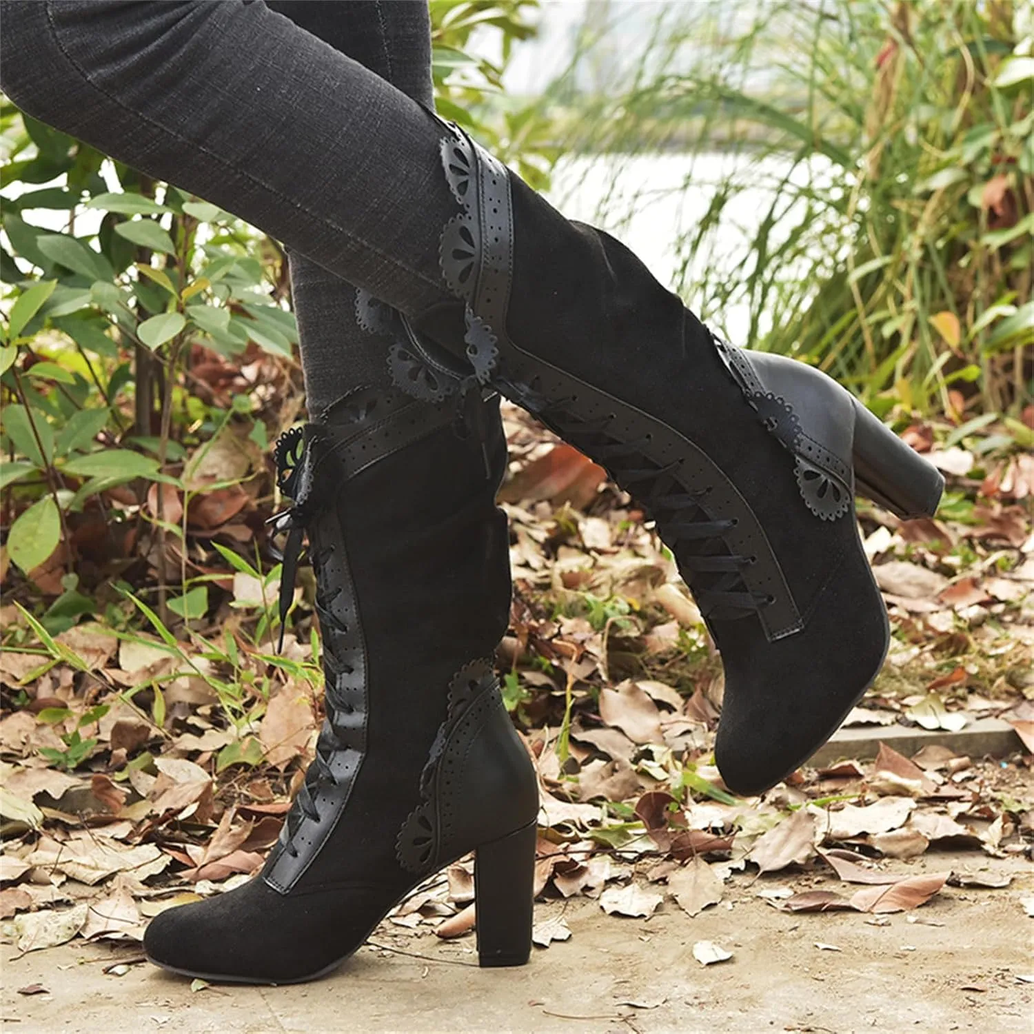 Ladmiple Fall Boots Women Knee High Wide Calf Victorian Boots Round Toe Chunky Heel Lace Up Vintage Knight Western Boots
