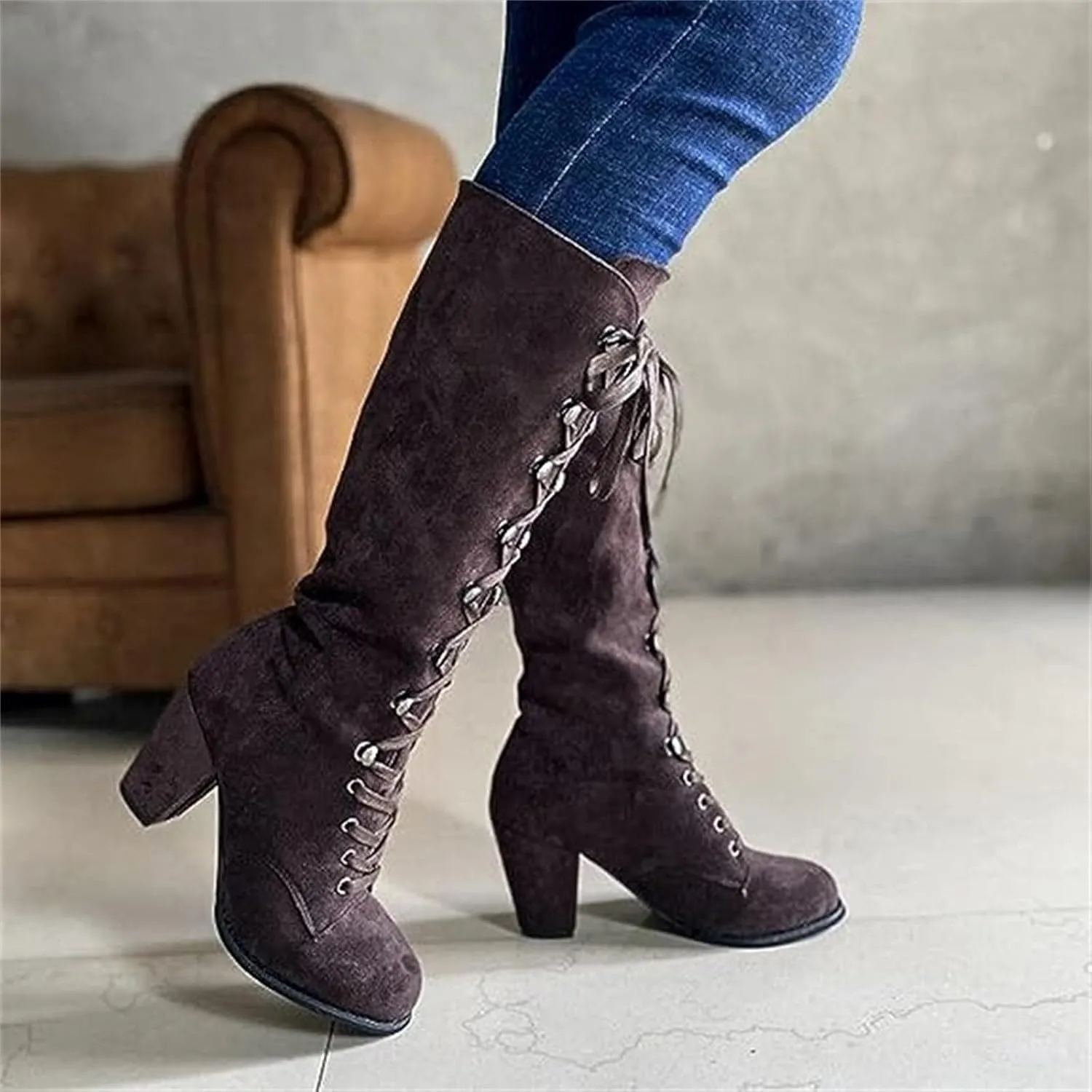 Ladmiple Fall Boots Women Knee High Wide Calf Victorian Boots Round Toe Chunky Heel Lace Up Vintage Knight Western Boots