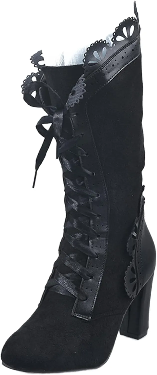 Ladmiple Fall Boots Women Knee High Wide Calf Victorian Boots Round Toe Chunky Heel Lace Up Vintage Knight Western Boots