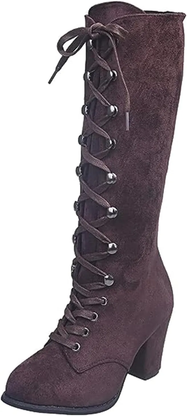 Ladmiple Fall Boots Women Knee High Wide Calf Victorian Boots Round Toe Chunky Heel Lace Up Vintage Knight Western Boots