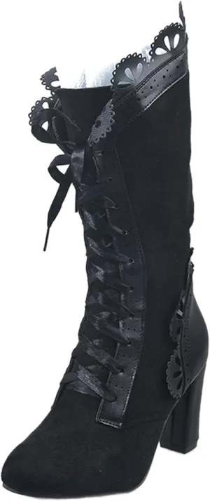 Ladmiple Fall Boots Women Knee High Wide Calf Victorian Boots Round Toe Chunky Heel Lace Up Vintage Knight Western Boots