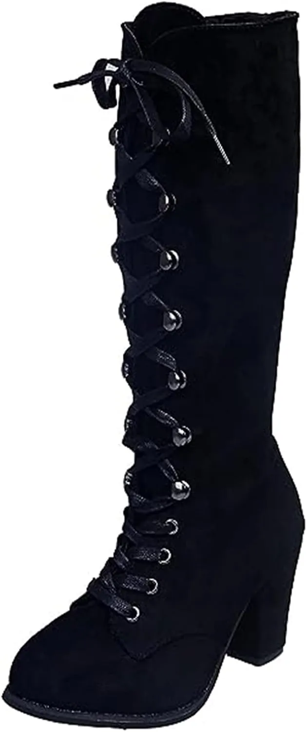 Ladmiple Fall Boots Women Knee High Wide Calf Victorian Boots Round Toe Chunky Heel Lace Up Vintage Knight Western Boots