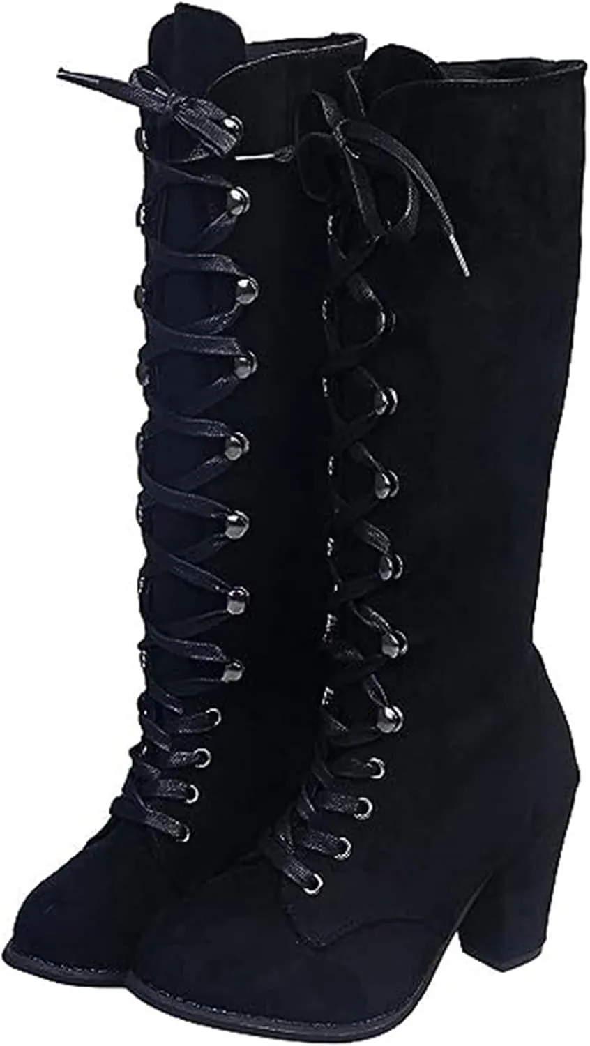 Ladmiple Fall Boots Women Knee High Wide Calf Victorian Boots Round Toe Chunky Heel Lace Up Vintage Knight Western Boots