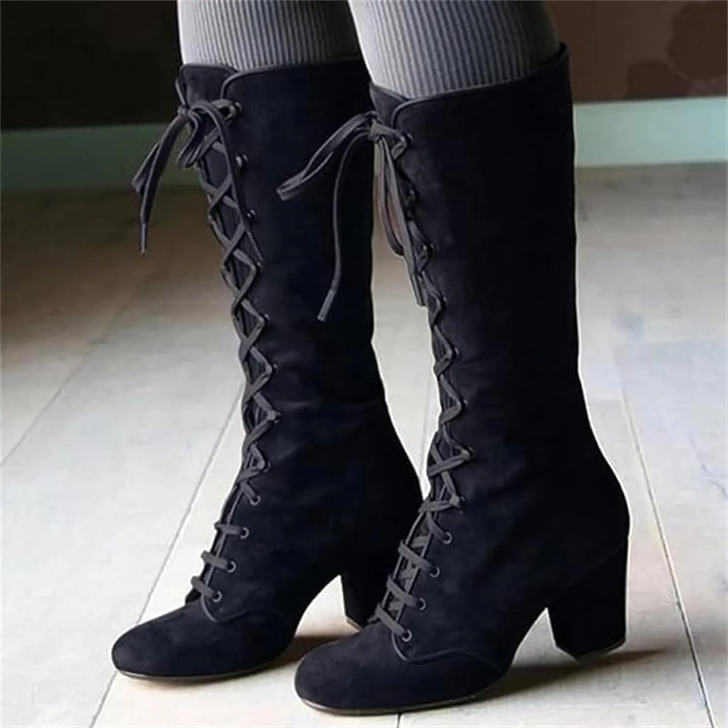 Ladmiple Fall Boots Women Knee High Wide Calf Victorian Boots Round Toe Chunky Heel Lace Up Vintage Knight Western Boots