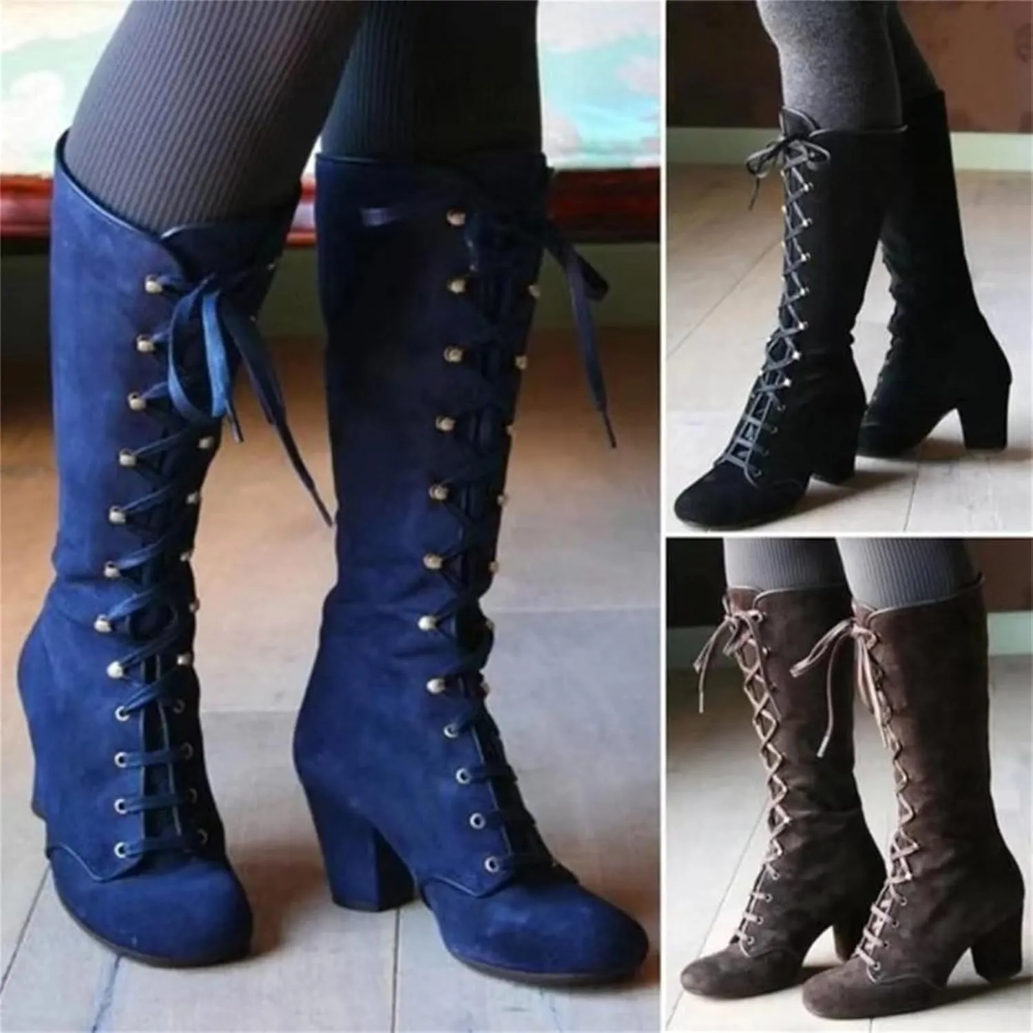 Ladmiple Fall Boots Women Knee High Wide Calf Victorian Boots Round Toe Chunky Heel Lace Up Vintage Knight Western Boots