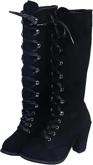Ladmiple Fall Boots Women Knee High Wide Calf Victorian Boots Round Toe Chunky Heel Lace Up Vintage Knight Western Boots