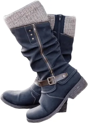 Ladmiple Motorcycle Boots Women Riding Military Combat Boots Mid Calf Side Zipper Low Heel Winter Western Biker Boots 2024