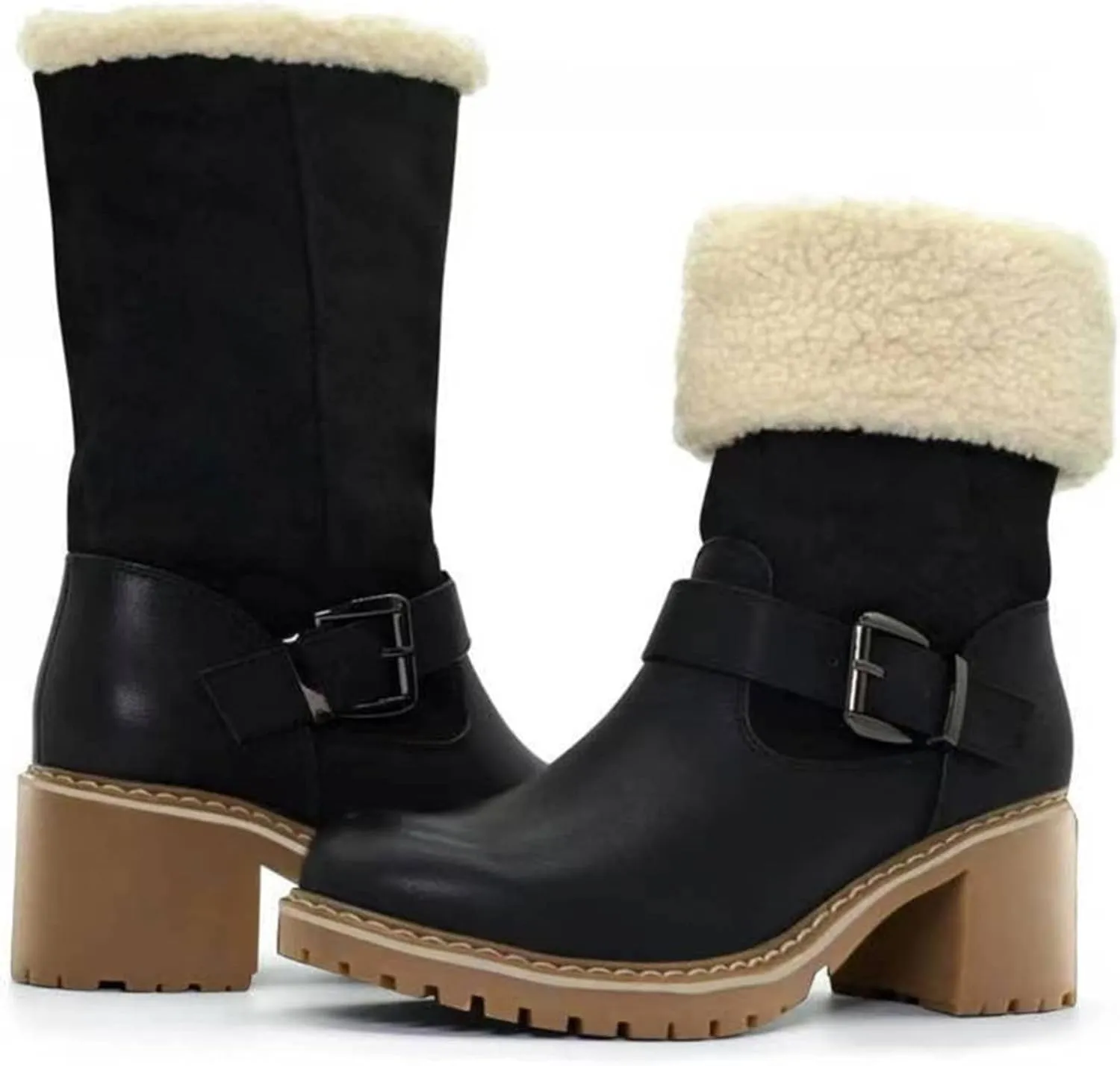 Ladmiple Snow Boots For Women Tall Mid Calf Winter Warm Boots Fur Lined Anti-Slip Outdoor Slip On Comfortable Warm Shoes