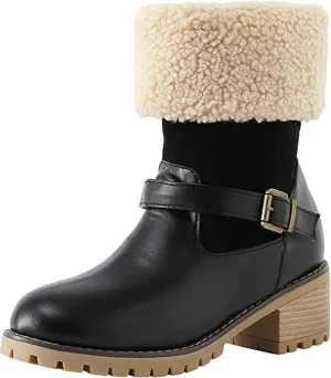 Ladmiple Snow Boots For Women Tall Mid Calf Winter Warm Boots Fur Lined Anti-Slip Outdoor Slip On Comfortable Warm Shoes
