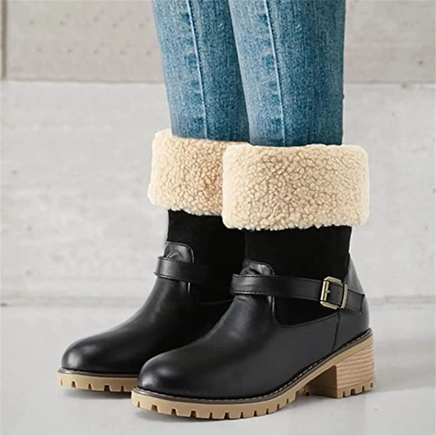 Ladmiple Snow Boots For Women Tall Mid Calf Winter Warm Boots Fur Lined Anti-Slip Outdoor Slip On Comfortable Warm Shoes