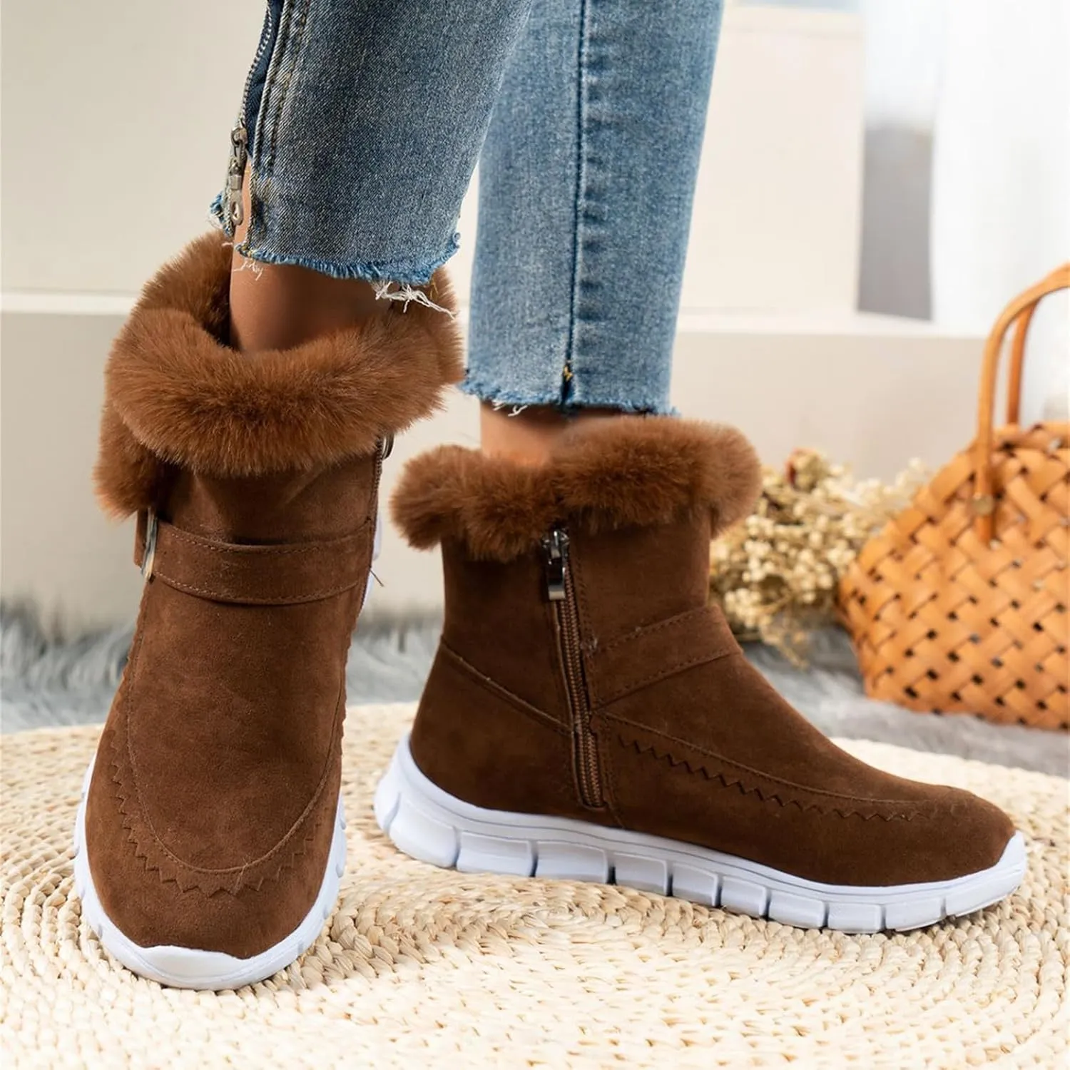 Ladmiple Snow Boots For Women Wide Calf Winter Boots Slip on Insulated Fur Lined Cold Weather Comfortable Warm Ankle Booties