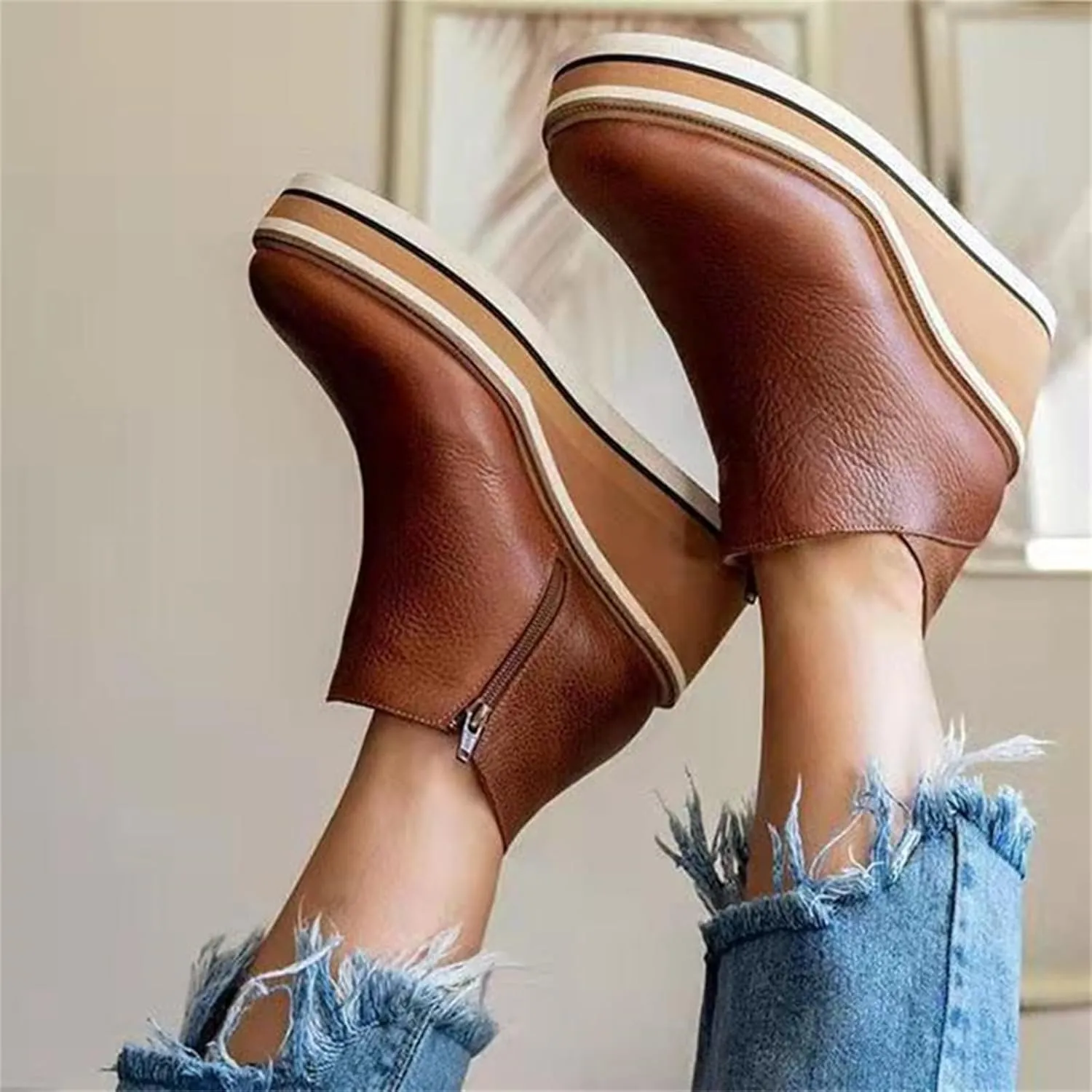 Ladmiple Wedge Boots For Women Wide Width Casual Fashion Low Wedge Heel Ankle Booties Dress Shoes Western Short Booties 2024