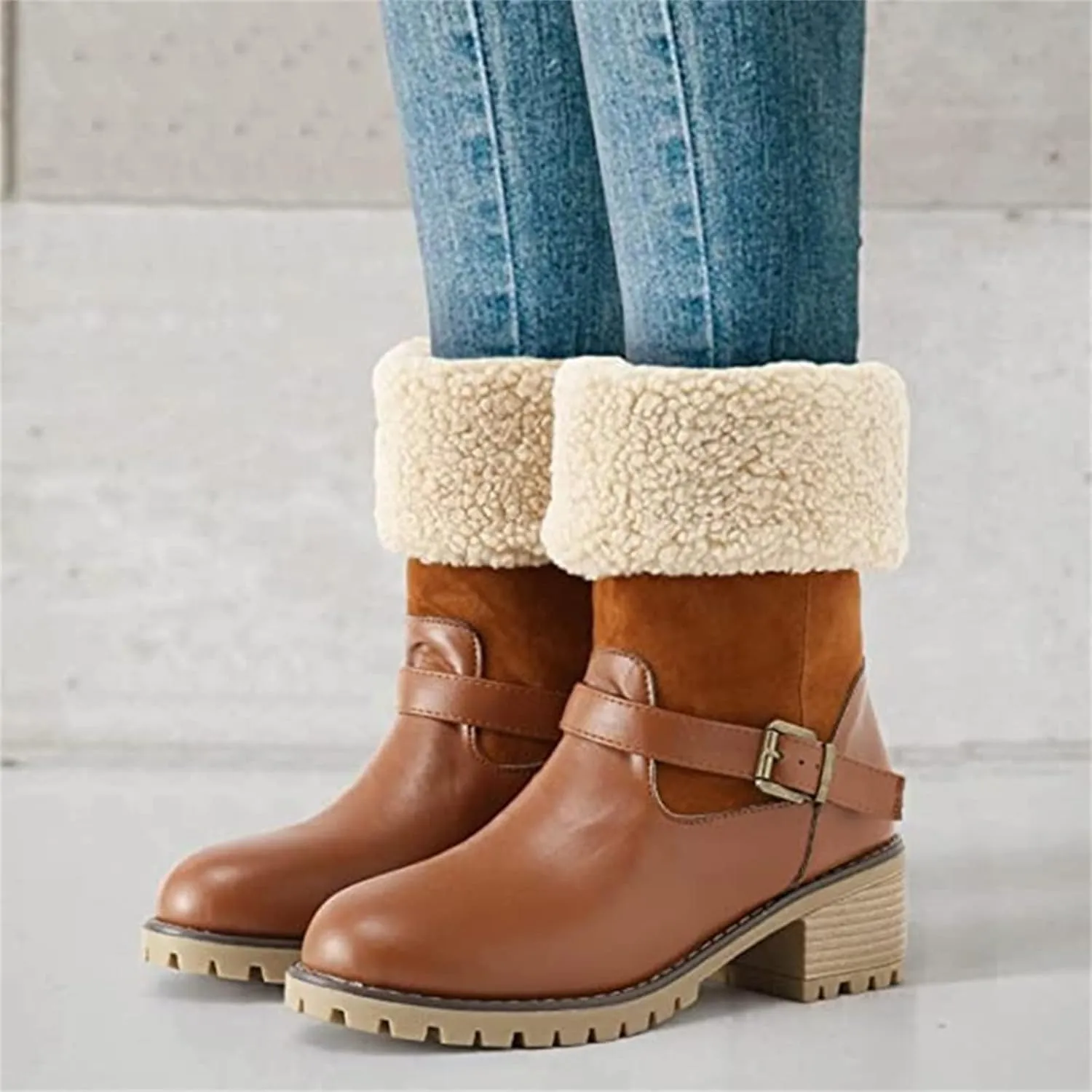 Ladmiple Winter Boots For Women Tall Mid Calf Casual Warm Fur-Lined Comfortable Winter Snow Boots Outdoor Walking Shoes